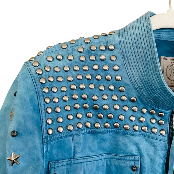 Double D Ranch RARE Turquoise Studded Star Accent Genuine Leather Cropped Jacket - Picture 4 of 10
